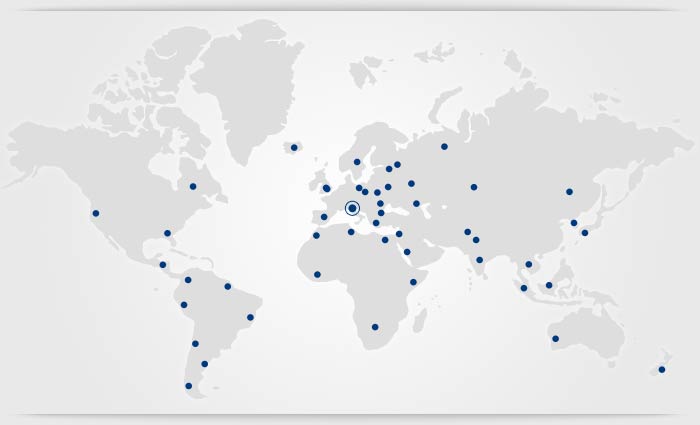 World map with the countries where S.A.I.C.I. equipment is in use marked, and Forlì highlighted
